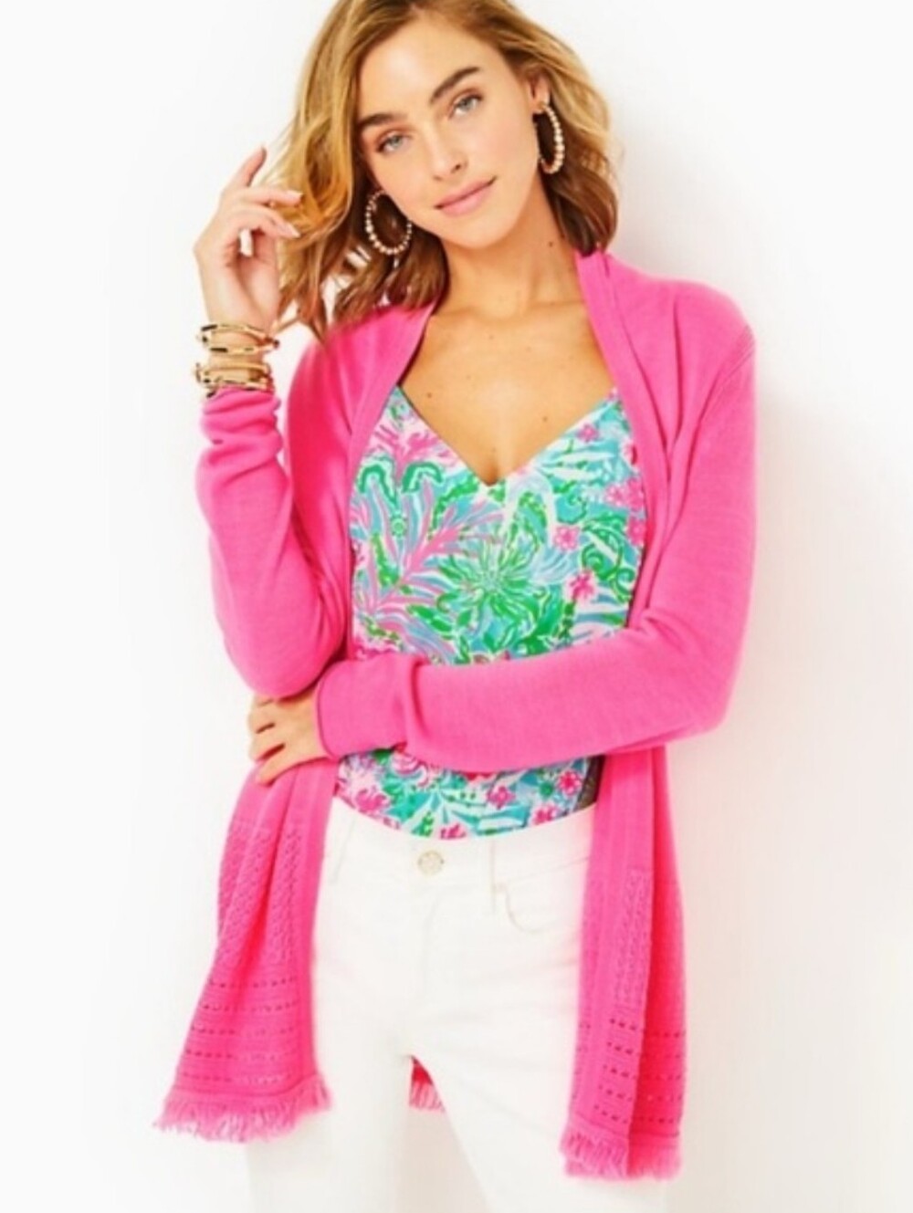 Lilly Pulitzer Noble Cardigan Fringe Hot Pink Long Sleeve Longline Sz S